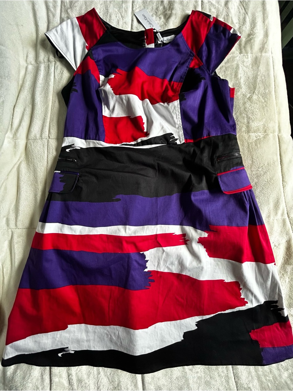 NWT Calvin Klein Red, Purple, Black & White Brushstroke Midi Dress